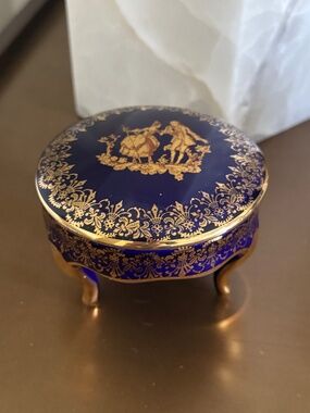Vintage Limoges France Cobalt Blue Porcelain Trinket Box | 22K Gold Accents